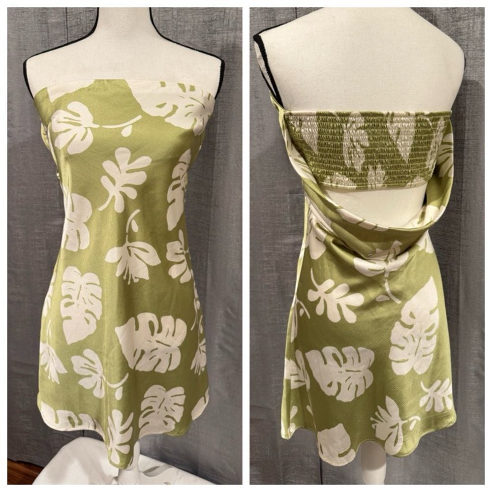 Tropical Green and White Leaf Print Strapless & Cowl Back Dress - Size M (A018)